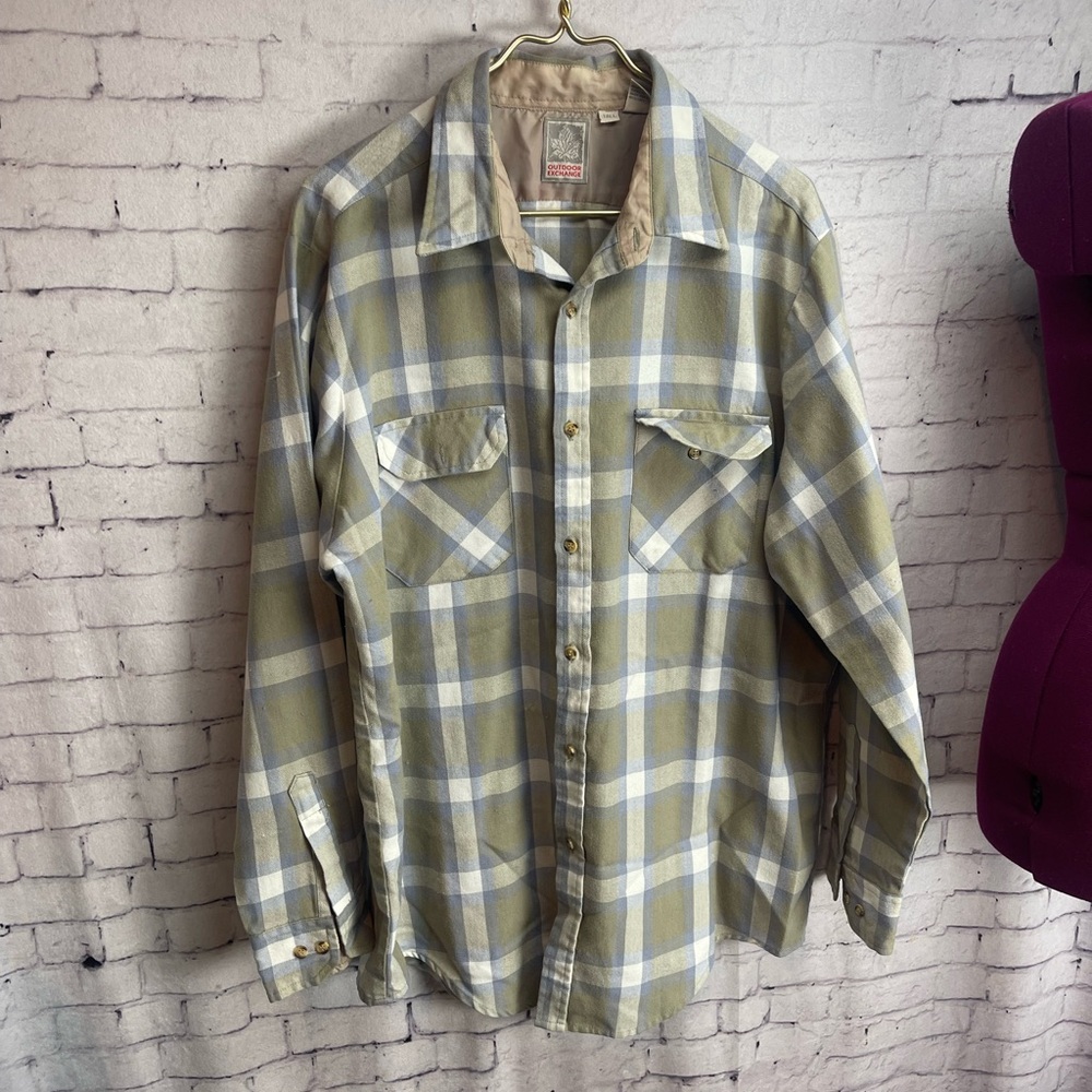 Outdoor exchange long sleeve button down shirt tan and blue plaid XL Tall